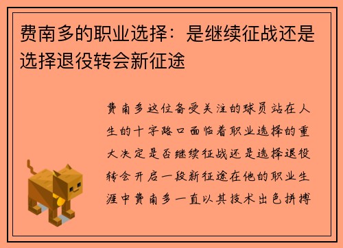费南多的职业选择：是继续征战还是选择退役转会新征途